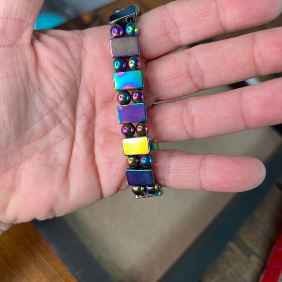 Black & Rainbow Hematite Beaded Stretch Bracelet Unisex 8" - Picture 5 of 6